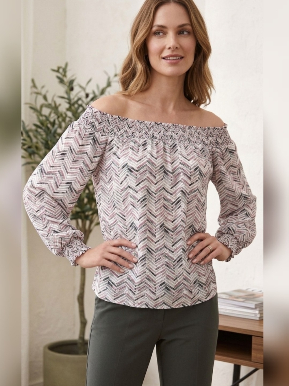 White House Black Market Pink Chevron Off-Shoulder Blouse